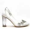 Shoecide Kadın Beyaz Belpe Şeffaf Topuk 10cm Arkası Kapalı Bilekten Bağlama Yaprak Taşlı Ayakkabı