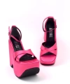 Shoecide Kadın Fuşya Moff Saten Yüksek Dolgu Taban Platform Çapraz Bant Sandalet