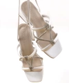 Shoecide Kadın Keme Beyaz Topuklu Bilekten Bağlamalı Taşlı Sandalet Ayakkabı