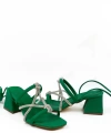 Shoecide Kadın Keme Yeşil Topuklu Bilekten Bağlamalı Taşlı Sandalet Ayakkabı