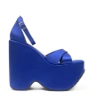 Shoecide Kadın Mavi Moff Saten Yüksek Dolgu Taban Platform Çapraz Bant Sandalet