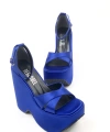Shoecide Kadın Mavi Moff Saten Yüksek Dolgu Taban Platform Çapraz Bant Sandalet