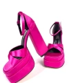 Shoecide Kadın Renc Fuşya Saten Yüksek Çift Platform Topuklu Sandalet