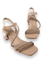 Shoecide Lux Kadın Yens Nut Cilt Alçak Şeffaf Topuk Taşlı Sandalet 5 Cm 207