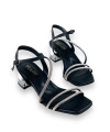 Shoecide Lux Kadın Yens Siyah Cilt Alçak Şeffaf Topuk Taşlı Sandalet 5 Cm 207