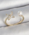Shoecide Pirinç Gold Renk Zirkon Taşlı Çiçek Model İnci Detay Ayarlanabilir Kadın Yüzük