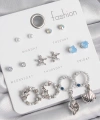 Shoecide Pirinç Gümüş Renk İncli Zirkon Taşlı Halka Figür Yıldız Detay 7 Çift Kadın Küpe Seti