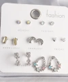 Shoecide Pirinç Gümüş Renk Renkli Zirkon Taşlı Halka Damla Figür Hilal Detay 7 Çift Kadın Küpe Seti