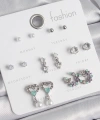 Shoecide Pirinç Gümüş Renk Zirkon Taşlı Sallantılı Kalp Model Çiçek Detay 7 Çift Kadın Küpe Seti