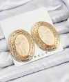 Shoecide Pirinç Mermer Desenlli Bej Sedef Oval Vintage Model Gold Renk Kadın Küpe