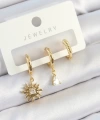 Shoecide Pirinç Zirkon Taşlı Güneş Model Gold Renk 3lü Çift Kadın Küpe Set