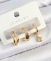 Shoecide Pirinç Zirkon Taşlı Halka Model Gold Renk 3lü Çift Kadın Küpe Set