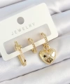 Shoecide Pirinç Zirkon Taşlı Kalp Model Gold Renk 3lü Çift Kadın Küpe Set