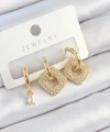 Shoecide Pirinç Zirkon Taşlı Kare Model Gold Renk 3lü Çift Kadın Küpe Set