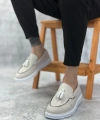 Shoecide Sb0005 Bağcıksız Yüksek Taban Klasik Keten Beyaz Püsküllü Erkek Ayakkabı