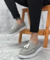 Shoecide Sb0005 Bağcıksız Yüksek Taban Klasik Keten Füme Püsküllü Erkek Ayakkabı