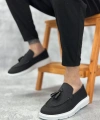 Shoecide Sb0005 Bağcıksız Yüksek Taban Klasik Keten Siyah Püsküllü Erkek Ayakkabı