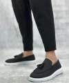 Shoecide Sb0005 Bağcıksız Yüksek Taban Klasik Keten Siyah Püsküllü Erkek Ayakkabı