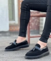 Shoecide Sb0005 Bağcıksız Yüksek Taban Klasik Siyah Süet Parlak Kuşaklı Püsküllü Erkek Ayakkabı