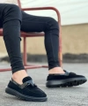 Shoecide Sb0005 Bağcıksız Yüksek Taban Klasik Siyah Süet Parlak Kuşaklı Püsküllü Erkek Ayakkabı