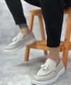 Shoecide Sb0005 Bağcıksız Yüksek Taban Klasik Yeni Keten Gri Püsküllü Erkek Ayakkabı
