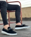 Shoecide Sb0005 Bağcıksız Yüksek Taban Siyah Beyaz Taban Kemerli Klasik Püsküllü Corcik Erkek Ayakkabı