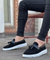 Shoecide Sb0005 Bağcıksız Yüksek Taban Siyah Beyaz Taban Kemerli Klasik Püsküllü Corcik Erkek Ayakkabı