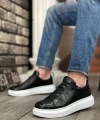 Shoecide Sb0134 Boa Kalın Yüksek Beyaz Taban Desenli Çapraz Bant Siyah Erkek Ayakkabı