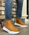 Shoecide Sb0150 Bağcıksız Erkek Taba Süet Beyaz Yüksek Taban Spor Bot