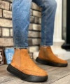 Shoecide Sb0150 Bağcıksız Erkek Taba Süet Siyah Yüksek Taban Spor Bot
