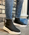 Shoecide Sb0150 Bağcıksız Erkek Yüksek Taban Cilt Siyah Beyaz Spor Bot
