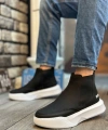 Shoecide Sb0150 Bağcıksız Erkek Yüksek Taban Cilt Siyah Beyaz Spor Bot