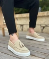 Shoecide Sb0154  Bağcıksız Yüksek Taban Keten Krem Renk Püsküllü Erkek Ayakkabı