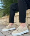 Shoecide Sb0154  Bağcıksız Yüksek Taban Keten Krem Renk Püsküllü Erkek Ayakkabı