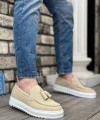 Shoecide Sb0154  Bağcıksız Yüksek Taban Keten Krem Renk Püsküllü Erkek Ayakkabı