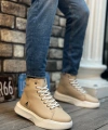 Shoecide Sb0155 Bağcıklı Erkek Yüksek Taban Krem Beyaz Taban Spor Bot