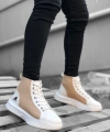 Shoecide Sb0256 Bağcıklı Erkek Yüksek Taban Beyaz Krem Taban Spor Bot