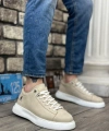 Shoecide Sb0331 Bağcıklı Erkek Yüksek Taban Krem Süet Beyaz Taban Spor Ayakkabı
