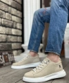 Shoecide Sb0331 Bağcıklı Erkek Yüksek Taban Krem Süet Beyaz Taban Spor Ayakkabı