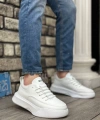 Shoecide Sb0332 Merdiven Desen Bağcıklı Erkek Yüksek Taban Beyaz Cilt Spor Ayakkabı