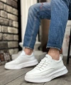 Shoecide Sb0332 Merdiven Desen Bağcıklı Erkek Yüksek Taban Beyaz Cilt Spor Ayakkabı