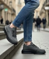 Shoecide Sb0332 Merdiven Desen Bağcıklı Erkek Yüksek Taban Füme Cilt Spor Ayakkabı
