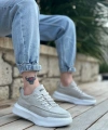 Shoecide Sb0332 Merdiven Desen Bağcıklı Erkek Yüksek Taban Gri Süet Beyaz Taban Spor Ayakkabı