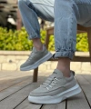 Shoecide Sb0332 Merdiven Desen Bağcıklı Erkek Yüksek Taban Gri Süet Beyaz Taban Spor Ayakkabı