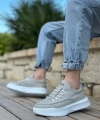 Shoecide Sb0332 Merdiven Desen Bağcıklı Erkek Yüksek Taban Gri Süet Beyaz Taban Spor Ayakkabı