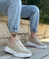 Shoecide Sb0332 Merdiven Desen Bağcıklı Erkek Yüksek Taban Krem Süet Spor Ayakkabı