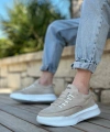 Shoecide Sb0332 Merdiven Desen Bağcıklı Erkek Yüksek Taban Krem Süet Spor Ayakkabı
