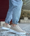 Shoecide Sb0332 Merdiven Desen Bağcıklı Erkek Yüksek Taban Krem Süet Spor Ayakkabı