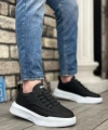 Shoecide Sb0332 Merdiven Desen Bağcıklı Erkek Yüksek Taban Siyah Cilt Beyaz Taban Spor Ayakkabı