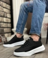 Shoecide Sb0332 Merdiven Desen Bağcıklı Erkek Yüksek Taban Siyah Cilt Beyaz Taban Spor Ayakkabı